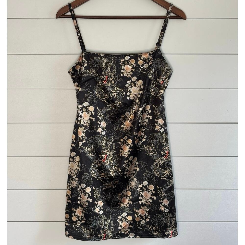 Urban Outfitters Satin Dragon Floral Mini Dress Size M Black Slip Dress